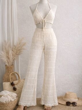 Joe Benbasset Cream Crochet Wide-Leg Pants